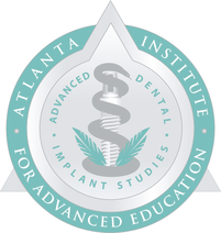 The image displays a logo with text, featuring a stylized snake wrapped around a staff, enclosed within a circular emblem with a star at the top. Surrounding the emblem are the words ATLANTA INSTITUTE FOR ADVANCED DENTAL STUDIES and additional text that reads FOR IMPLANT EDUCATION.