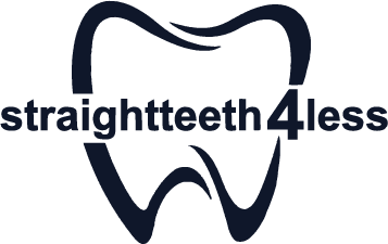 The image features a logo with a graphic of a tooth and text that reads Straight Teeth 4 Less. The color scheme includes blue, white, and black.