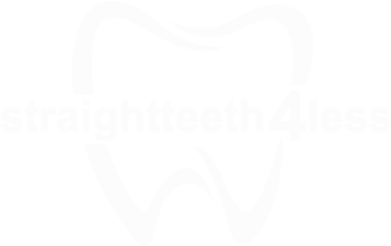 The image is a digital graphic with a white silhouette of a tooth within a black background. In the upper right corner, there s text that reads STRAIGHTTEETH 4 LESS in bold white letters. Below the silhouette, there s a watermark or logo that says STRAIGHTTEETH 4 LESS in smaller white font with a shadow effect. The style of the image is minimalist and appears to be related to dental services or advertisement.